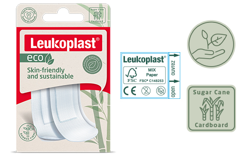 Imagen que muestra el embalaje de Leukoplast eco y explica sus características de sostenibilidad principales. Imagen que muestra el embalaje de Leukoplast eco y explica sus características de sostenibilidad principales.